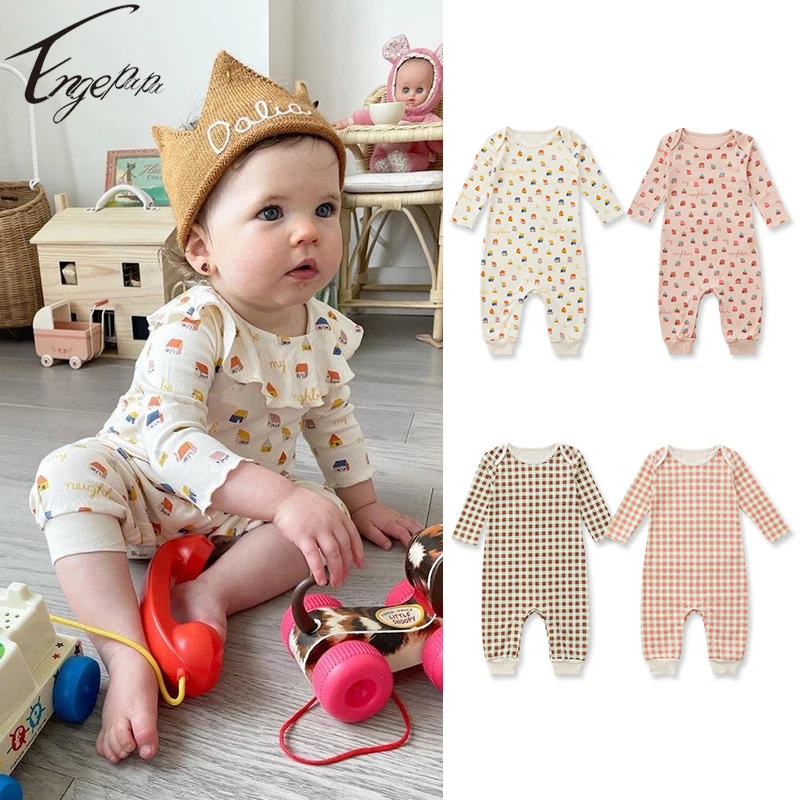

Spring Autumn Baby Boys Girls Rompers Jumpsuit Toddler Baby Long Sleeves Printed Rompers Infant Baby Plaid Jumpsuit Clothes