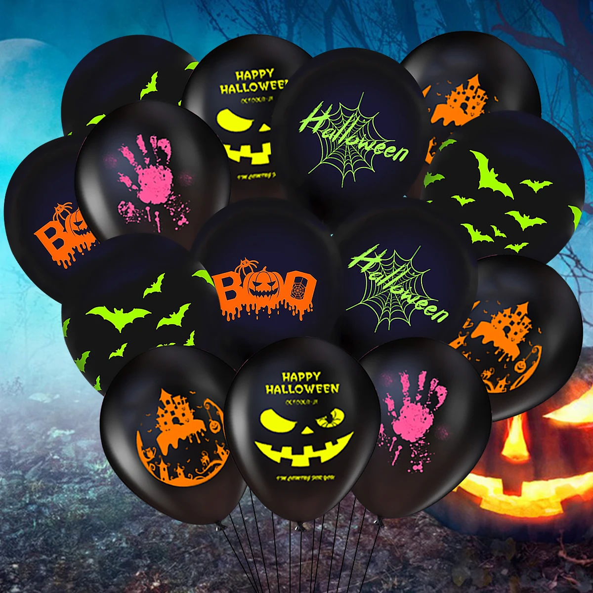 

100Pcs Halloween Balloons Luminous Bat Ghost Boo Haunt House Balloon Neon Fluorescent Glowing in The UV Light Scary Party Decor