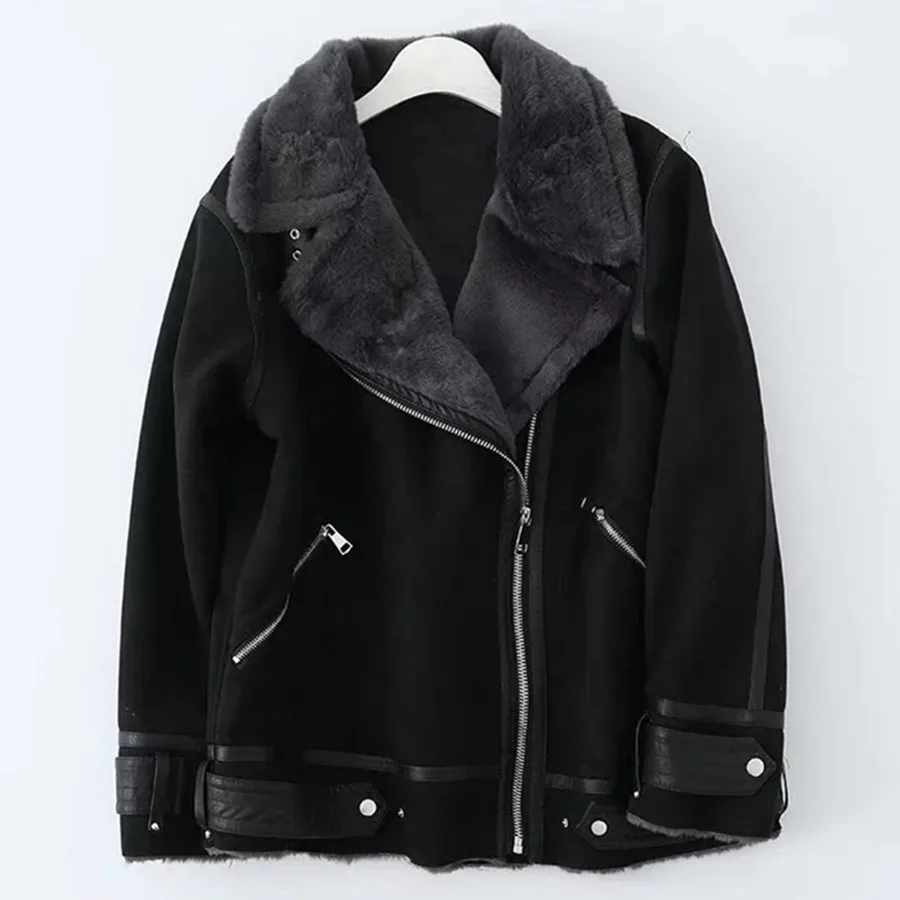 Dave&Di High Street Retro Zipper Motorcycle Leather Jacket Suede Fur Inside Loose Coat Women England Winter Coat Women