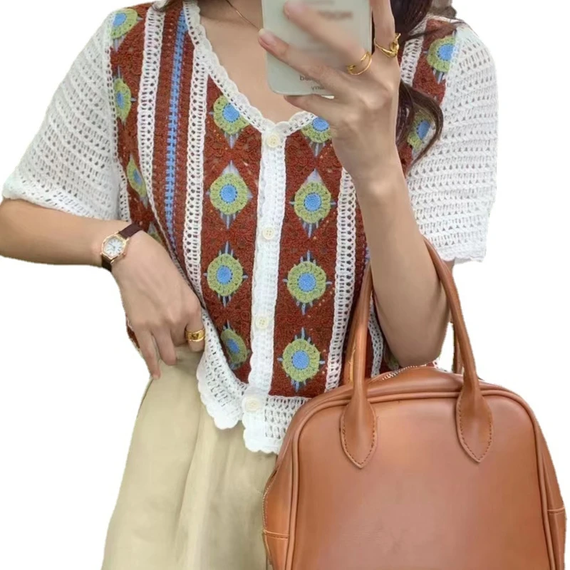 

Women Hollow Knit Plaid Crop Cardigan Short Sleeve V-Neck Button Sweater Jacket