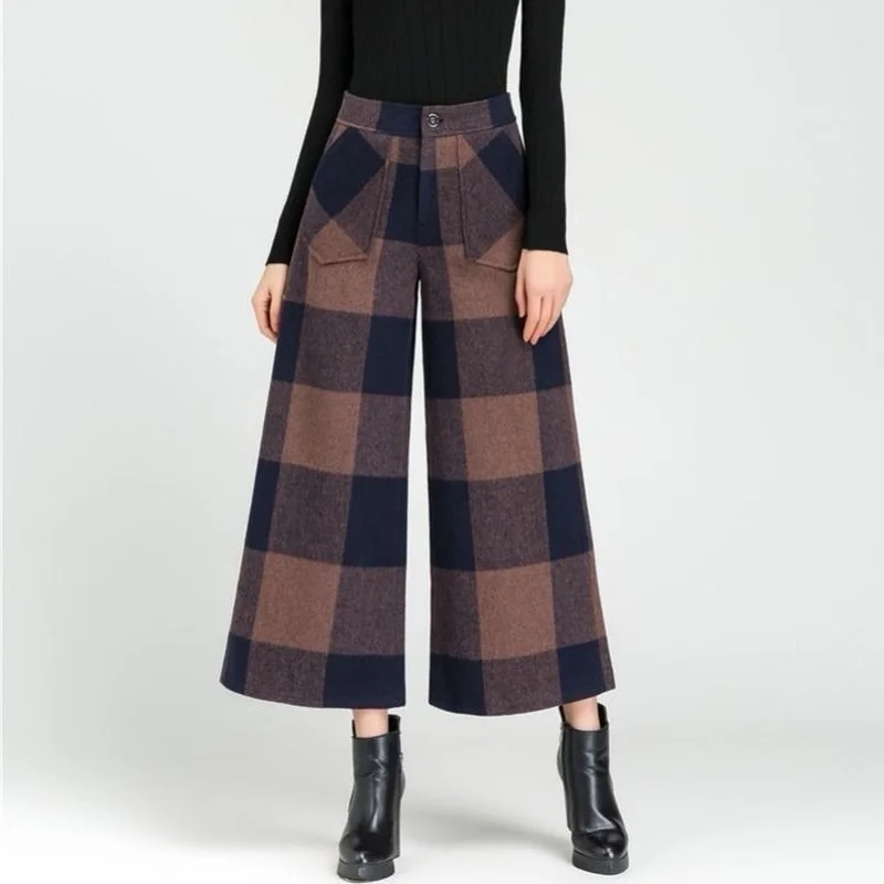 2023 Women High Waist Wide Leg Pants Autumn Winter Casual Ladies Plaid Ankle-length Pants Elegant Trousers Pantalon X43