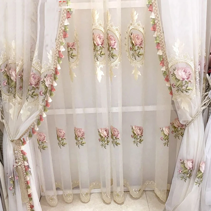 

Роскошные розовые занавески с цветочной вышивкой для гостиной панели для спальни с кисточкой тюлевые китайские Классические пионы оконный...