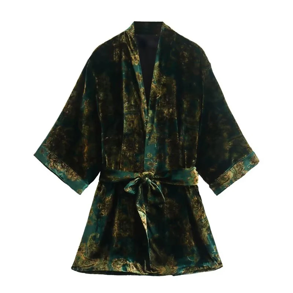 PB&ZA Women Jacket Belt Loose Casual Coat Print V-Neck Velvet Chic Kimono Vintage Clothes Streetwear Female Overcoat Autumn