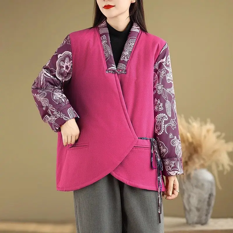 Женская стеганая куртка из хлопка и льна толстое теплое пальто с перекрестным