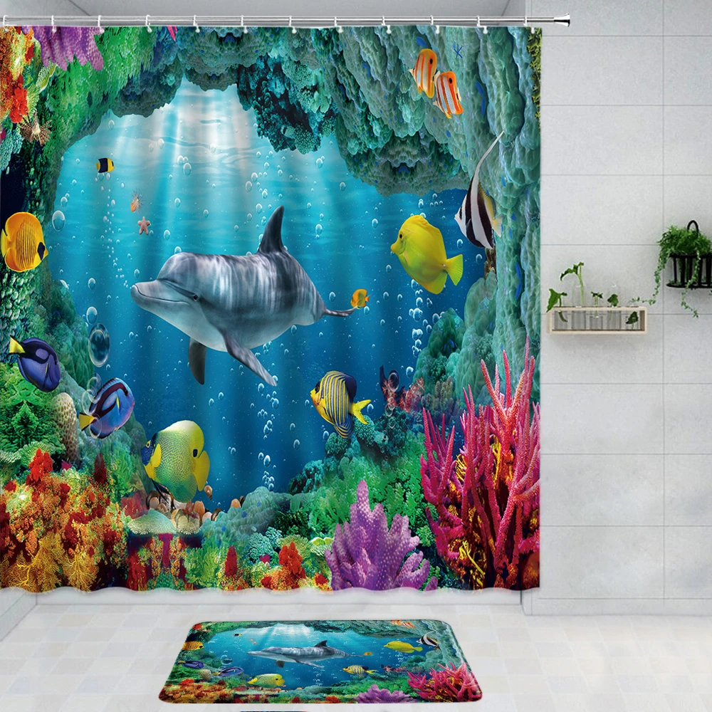 

Занавеска для душа в виде дельфина, синяя занавеска для глубоководной душа с изображением животных, рыб, океана, пляжа, домашний декор, нескользящий коврик для ванной