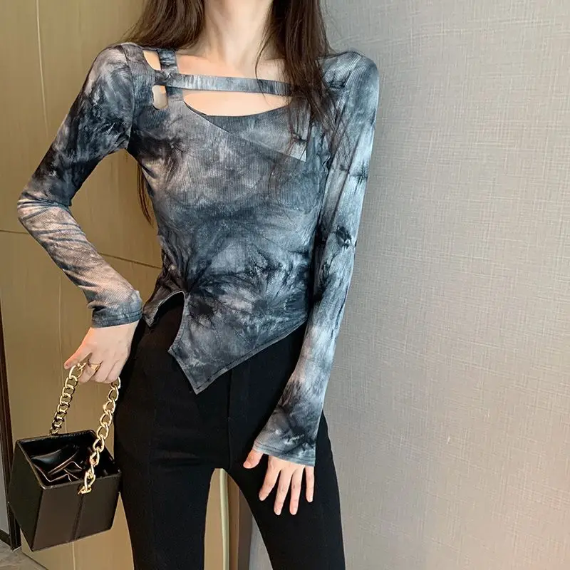 Autumn and winter  short irregular square neck tie dye top design  bottoms, women's shirt with long sleeves  vintage  tops