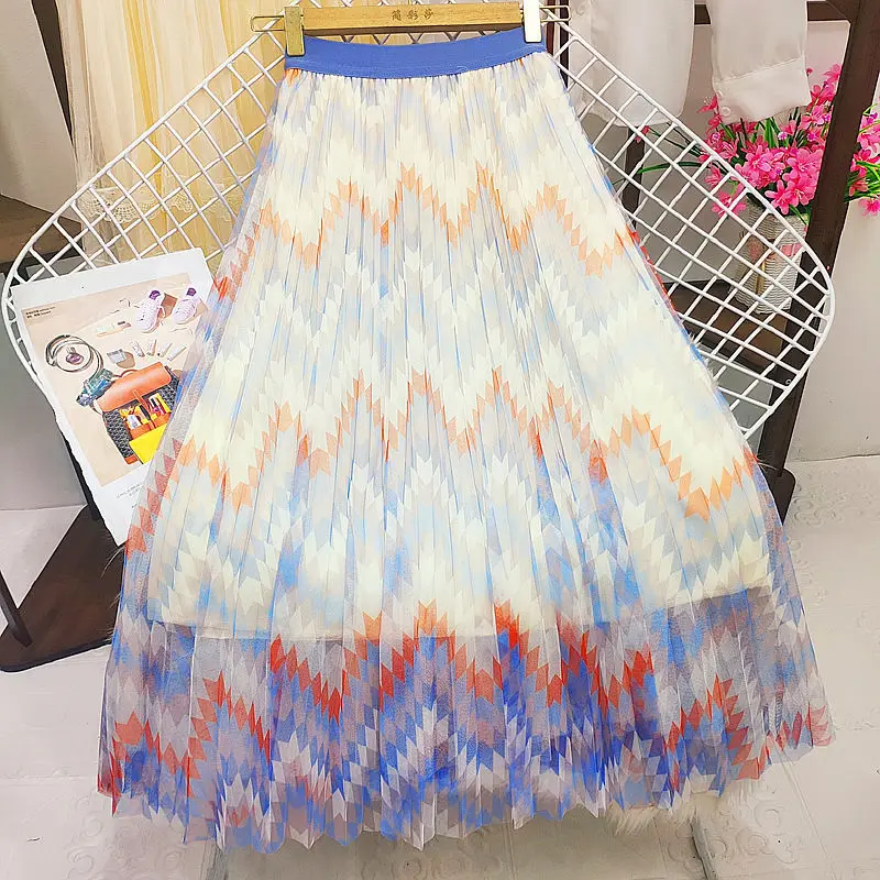 

Elegant Printed Pleated Skirt for Women Korean Elastic High Waist A-line Geometric Long Skirts 2022 Summer Beach Chiffon Skirt