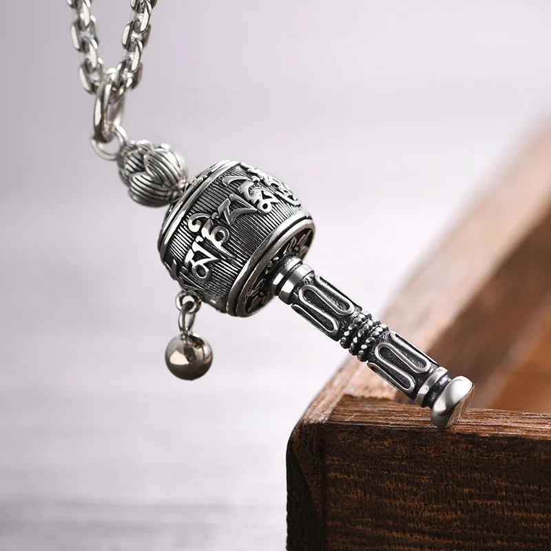 

Vintage Buddha Scriptures Rotatable Cylinder Pendant Men Jewelry Retro 925 Silver Chain Necklace Male Six-character Sutra Amulet