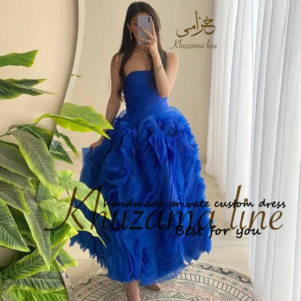 

Blue Pleats Tulle A Line Prom Party Dresses Strapless Luxury Celebrate Event Dress Ankle Length Dubai Formal Evening Gowns