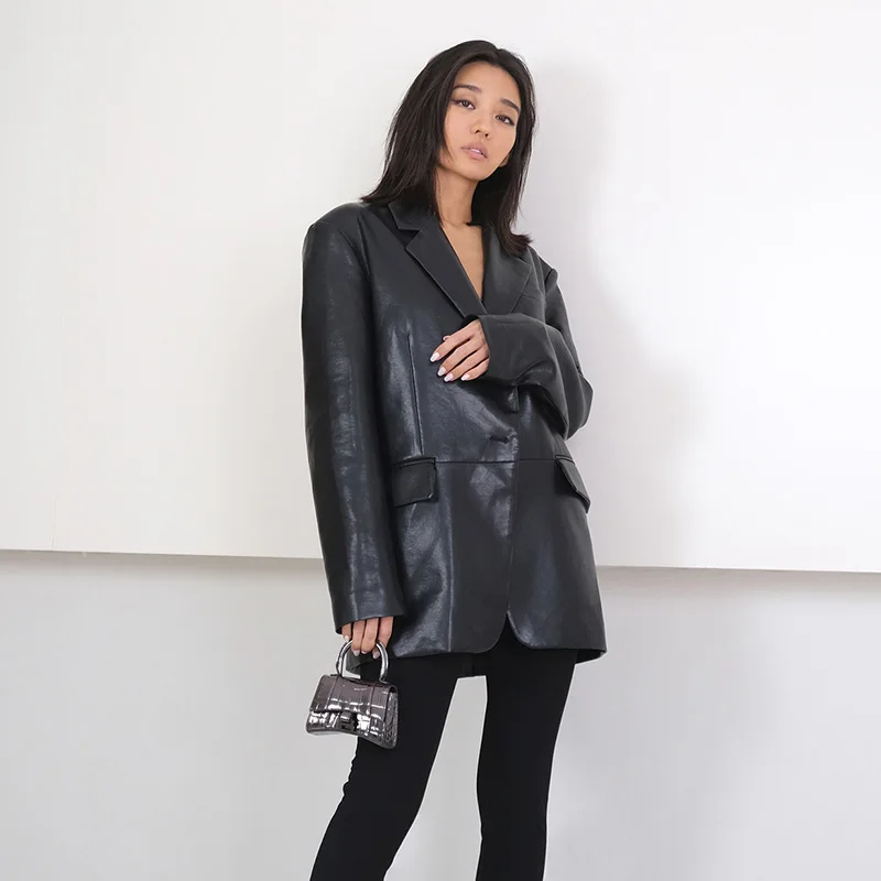 Lady Real Leather Long Jackets Solid Sheepskin Coat Jacket Loose Mid Length Straight Blazer Fashion 2022 Autumn Outwear TF4778
