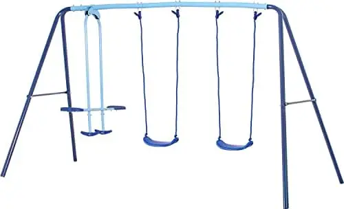 

2 in 1 Metal Swing Set with Glider, Heavy Duty A-Frame with Two Swings Seats and One Glider, 4 Children, Ages 3 to 8 for Playgro