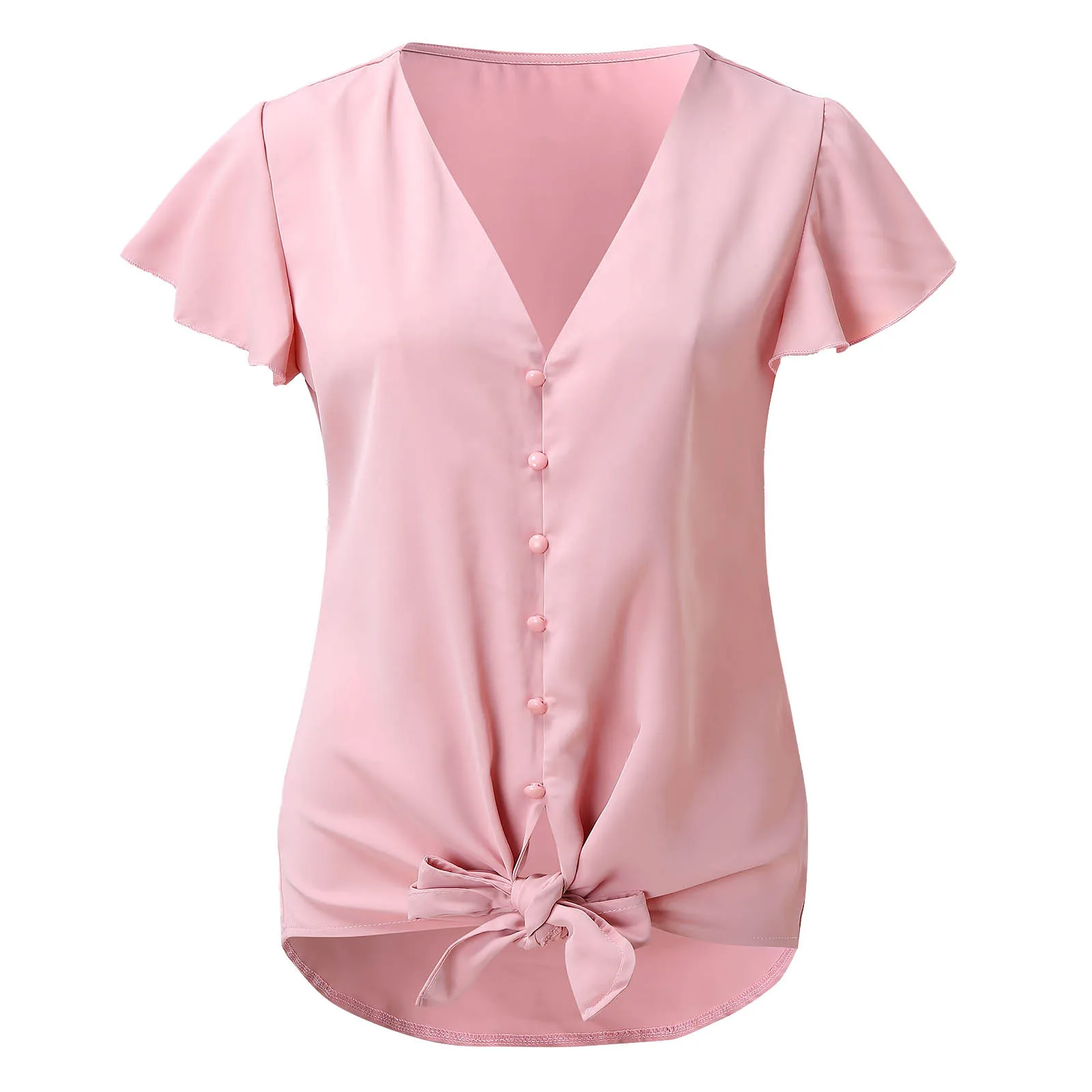 

Women Blouse Top Ruffle Sleeves Knotted Chiffon Shirt 2022 Shirts Button-Up V-Neck Top Women Blousa Casual Shirts
