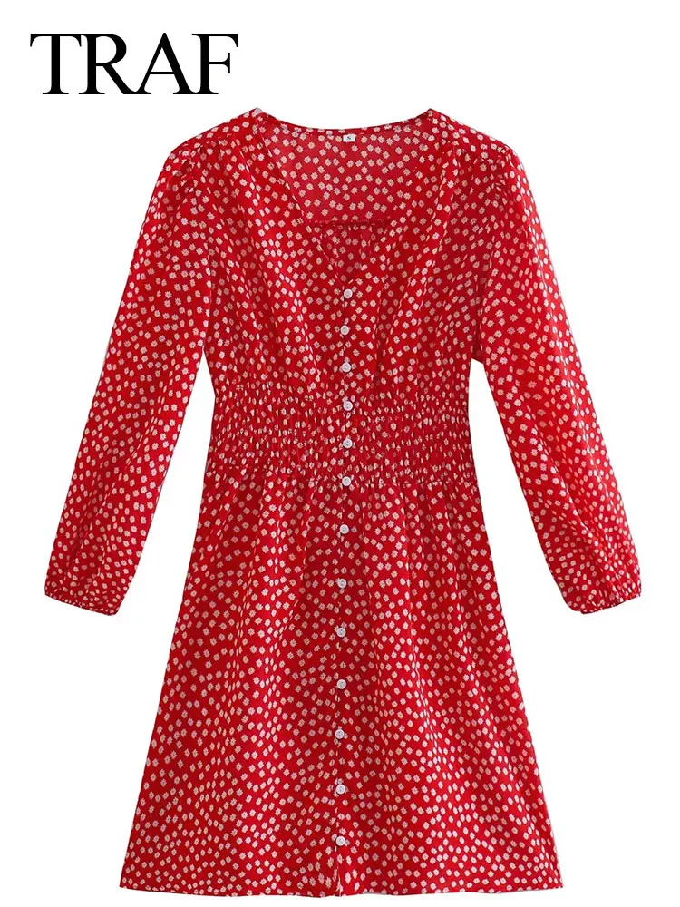 

TRAF Elegant Lady Red Dress White Floral V-Neck Long Slevee Button Elastic Waist Slim Fit Mini Dress Fashion Sweet Women Summer