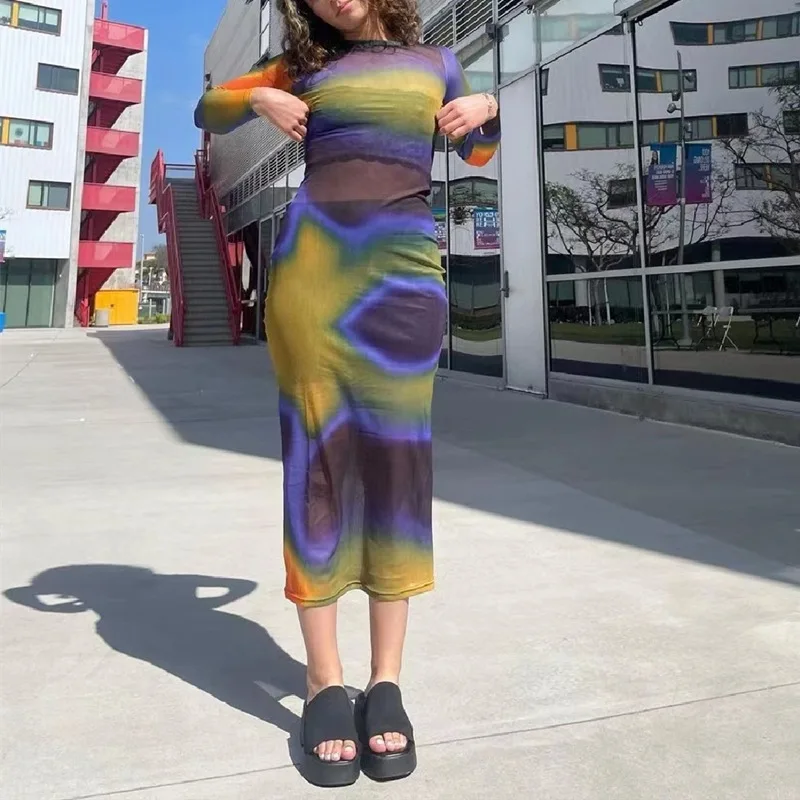 

Thorn Tree Long Sleeve O Neck Stretchy Long Dress 2022 Spring Fall Women Tie Dye Casual Elegant Robe Bodycon Maxi Dress Vestidos