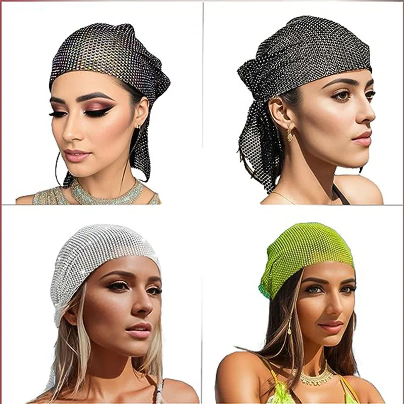 

Festival Glitter Rhinestone Women Headscarf Bandanas 2023 Elastic Mesh Headwear Solid Shiny Diamonds Women's Head Scarf Turban