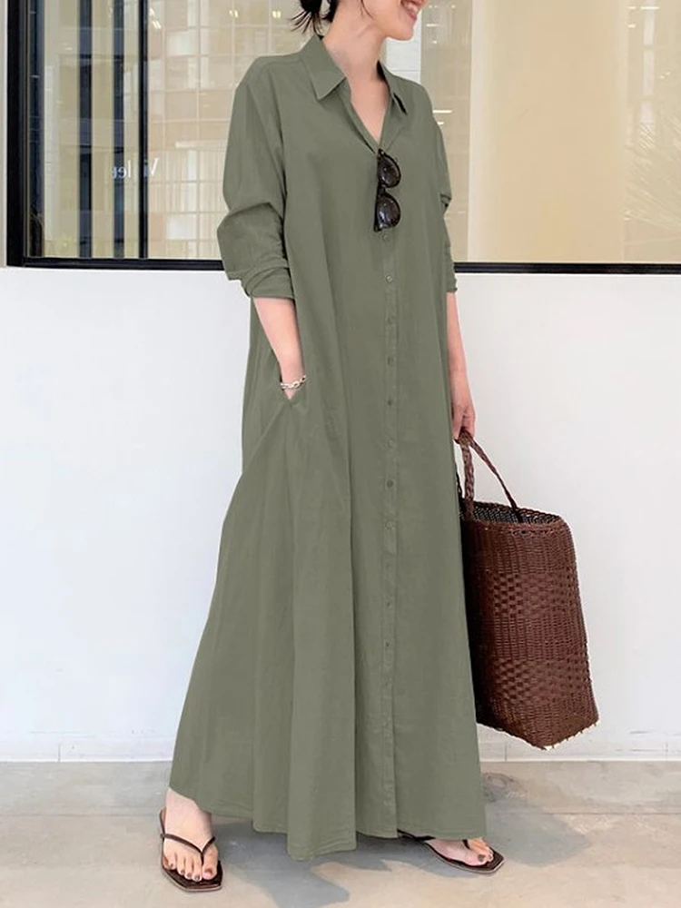 

Elegant Solid Shirt Dress Women's Spring Autumn Sundress Casual Long Sleeve Maxi Vestidos Female Lapel Buttons Robe