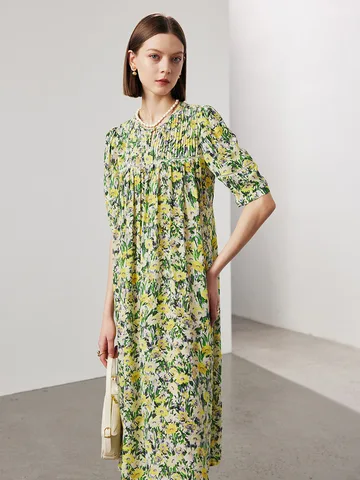 Платье SuyaDream женское с цветочным принтом, платье средней длины из 100% натурального шелка с круглым вырезом, одежда желто-зеленого цвета для весны и лета, 2024
