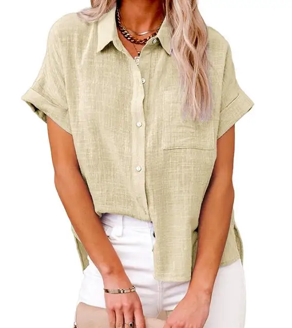 

Women's Solid Colored Linen Shirt Summer New Short Sleeved Casual Loose Fitting Cardigan Shirt Top Fashion Versatile Commuting