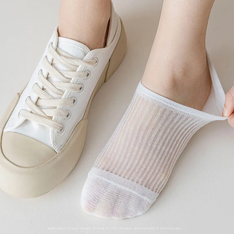 5Pairs Women's Invisible Socks Silicone Non-slip Breathable Mesh Solid Color Ankle Boat Sock Soft Cotton Ultra-thin Ladies Sox