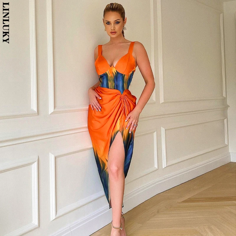 

2022 Autumn New Fashion Colorblock Pleated Open Back Dress For Women Sexy V-neck Suspender Club Party Midi Dresses