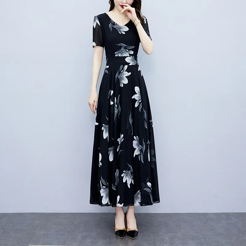 

Women Chiffon Print Floral Dress Women Summer 2023 New Fashion Elegant Party Dresses V-neck A-line Sweet Vestidos
