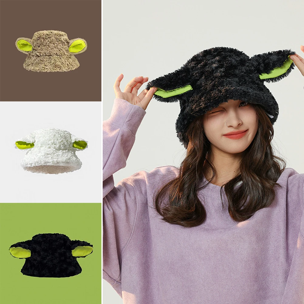 

Handmade Cute Sheep Bucket Hat Women Sheep Cap with Ears Cute Girl Lambswool Material Black White Sheep Ear Hat Holiday Gift