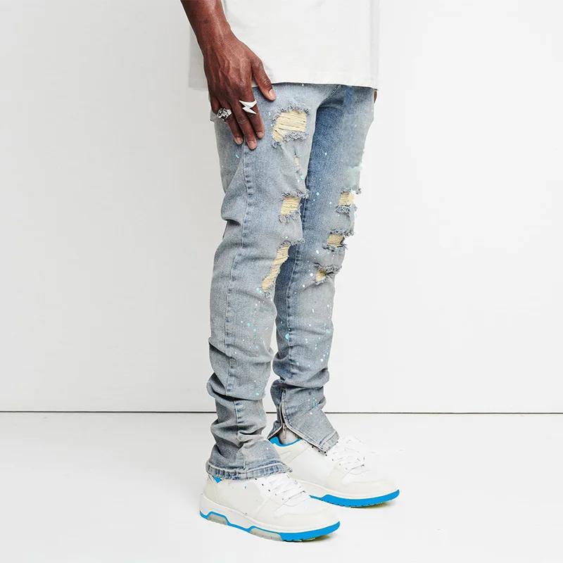 New Men's Jeans Slim Cut Hole Leggings Pencil Pants New Men's Painted Jeans Full Length Denim Pants Streetwear Men Trousers