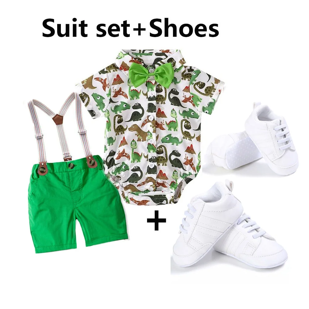 3pcs Set Outfit for Baby Boy Clothes Birthday Cute Dinosaur  Toddler  Summer Cartoon Animal Printed Romper + Shoes