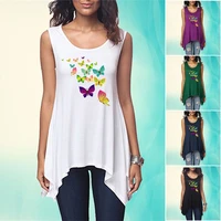 women fashion sleeveless shirt summer round neck t shirt butterfly printed top irregular hem shirt loose tank top