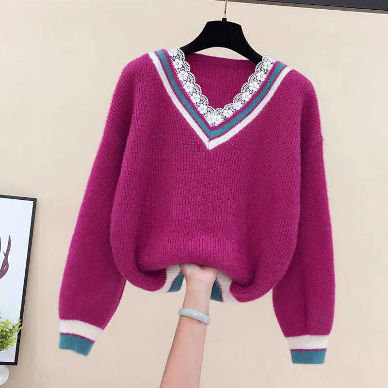 

Lace Stitching Pullover Sweater Women Clothes 2023 Spring Autumn New Loose Short Female Knitted Sweaters Warm V-neck Casual Tops