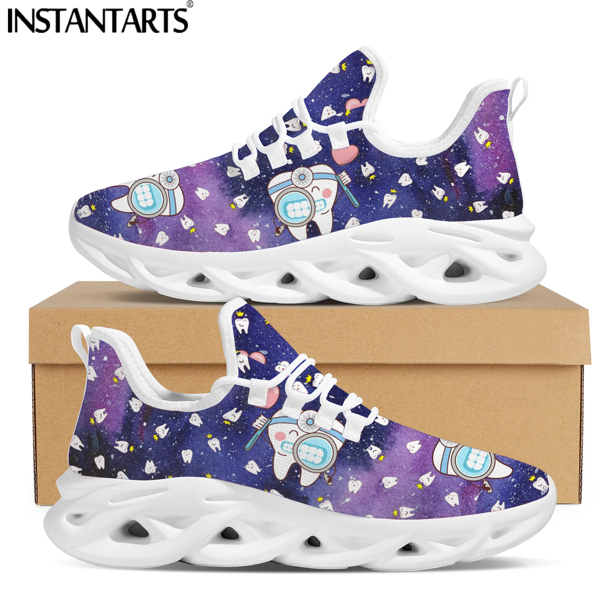 

INSTANTARTS Women Lace Up Starry Sky Dentist Sneakers Cartoon Tooth/Dental Brand Design Famale Wear-resistant Flat Walking Shoes