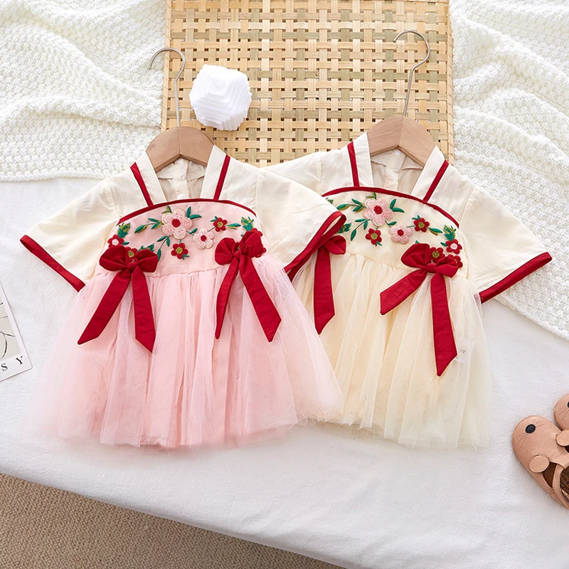 Платье для девочек летняя детская одежда милый сетчатый бант в китайском стиле с