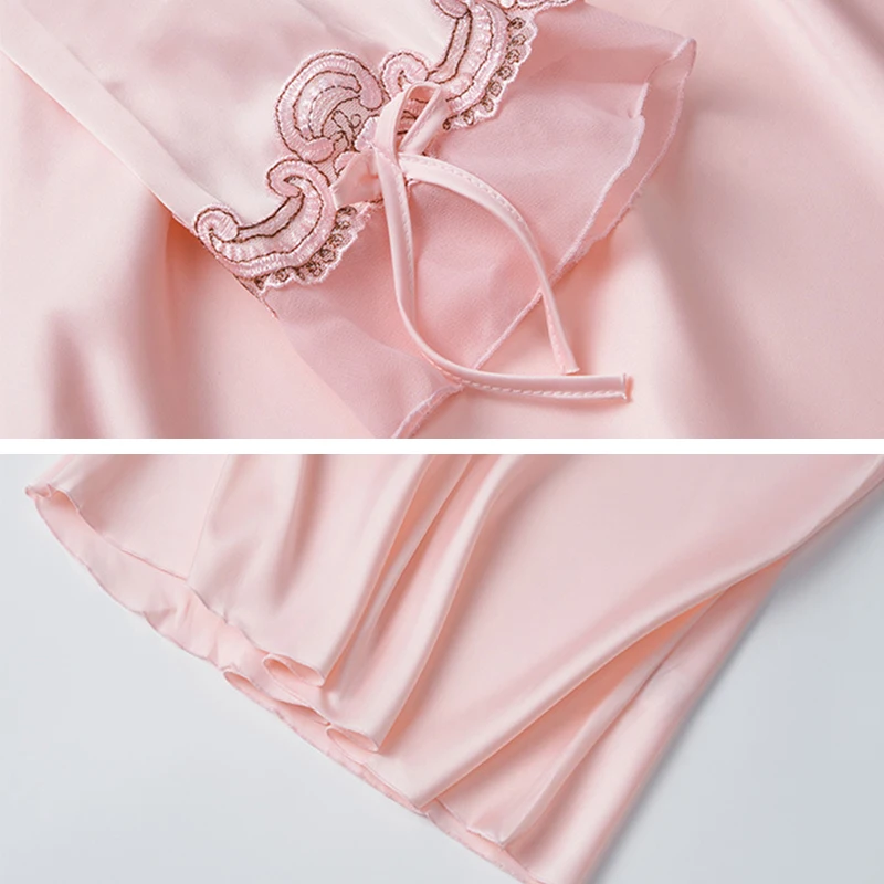 Silk Women's Pajama Set 2 Pieces Lace V Neck Solid Summer Spring Ladies Satin Sleepwear Long Sleeve Pyjama Suit For Female