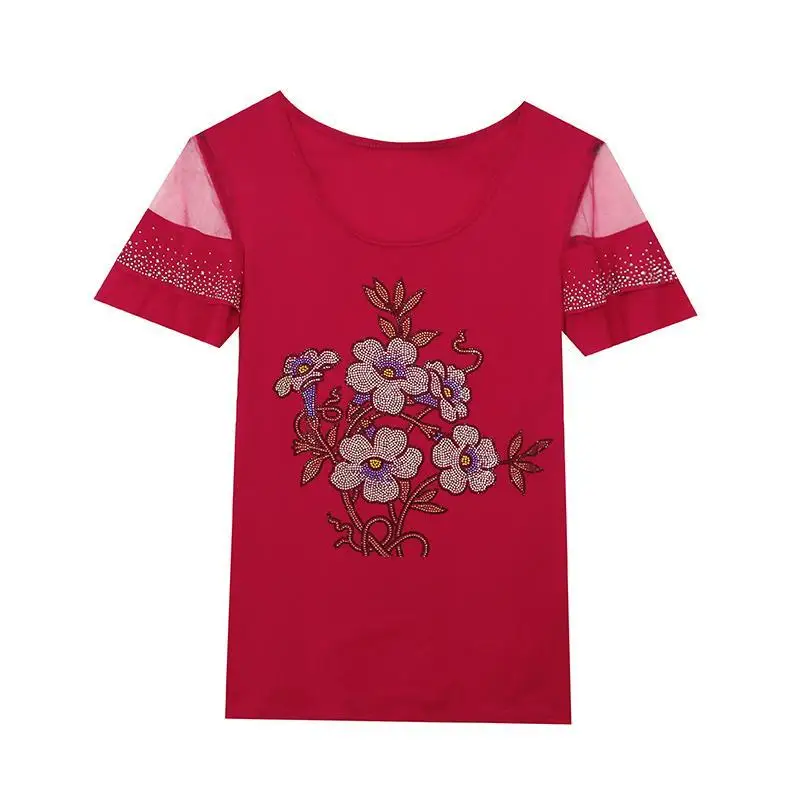 

2023 Summer Fashion Slim Fit Women's T-shirt Flower Diamond Mesh Round Neck Ruffle Sleeve Red Black Tees Tops Y2k