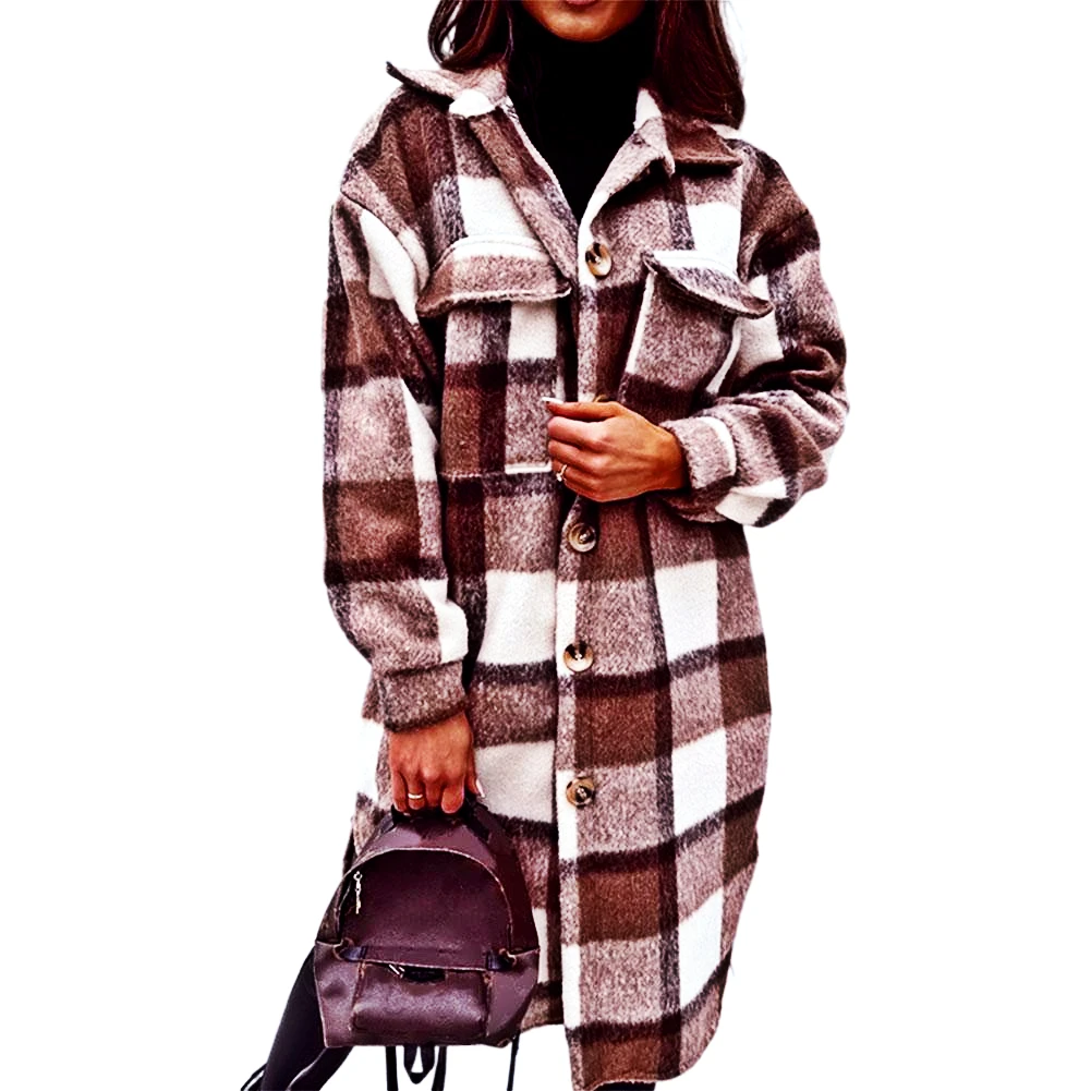 

2022 Warm Autumn and Winter Blouse Woman Winter Coat Fashion Plaid Print Lapel Long Coat Casual Single-breasted Clothes