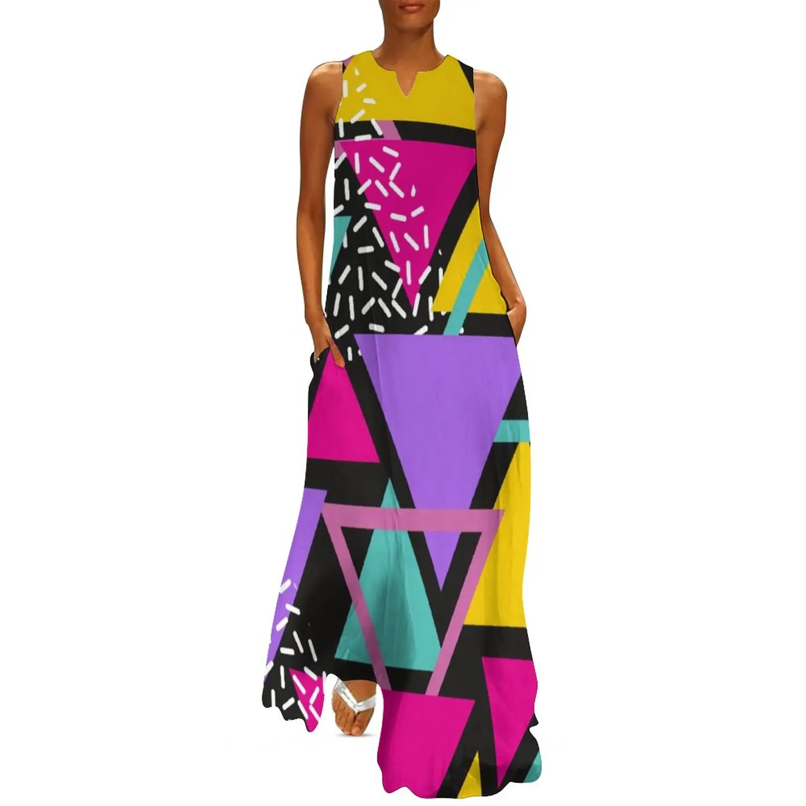 

Платье макси с геометрическим принтом, Пляжное уличное длинное платье с треугольниками Мемфиса в стиле бохо, летнее платье без рукавов, большие размеры