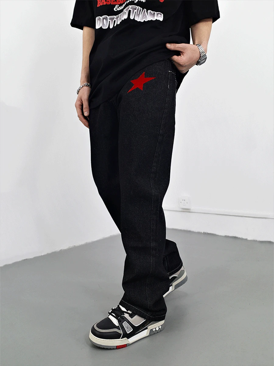 Four Seasons Star Letter Embroidery Black Hip Hop Men's Straight Jeans Trousers Street Men Loose Jeans New Fashion Spodnie JEANS