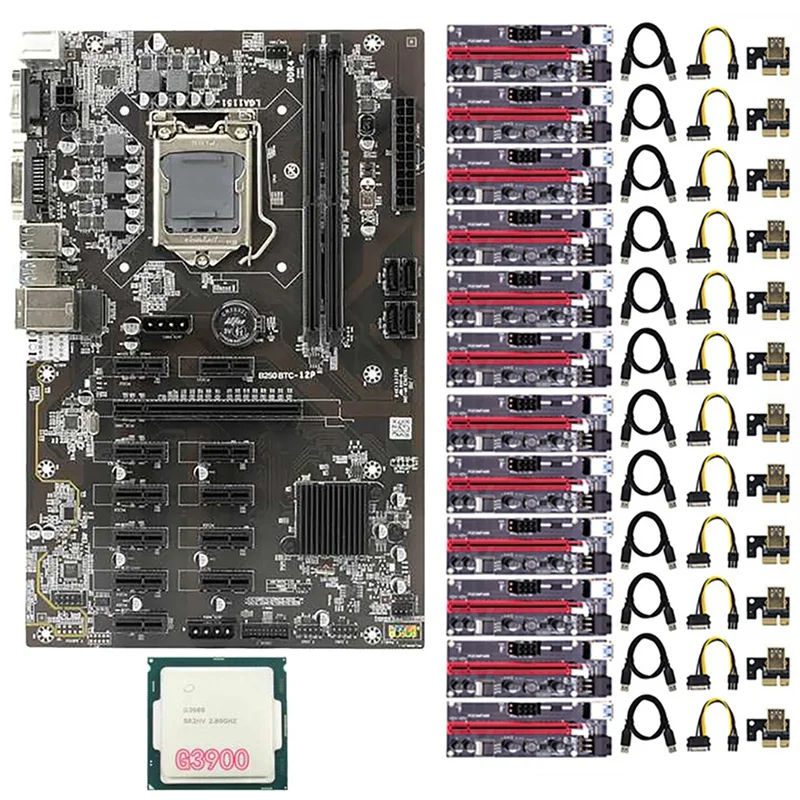 

HOT-B250 BTC Mining Motherboard 12 PCIE Graphics Slot LGA1151 DDR4 RAM with 12X009S PCIE 1X to 16X Riser Card