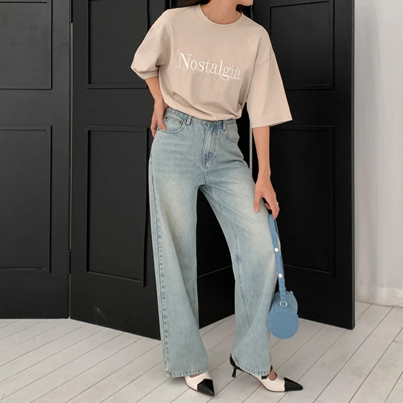 Women's Jeans Original Korean Buttons Zipper Pocket Loose High Waist Wide Leg Trousers Versatile Casual Straight Female Trousers