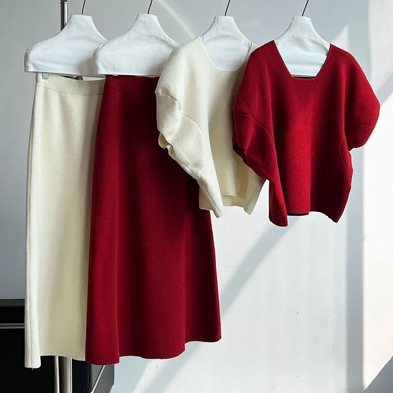 LANMREM Элегантный вязаный комплект женский пуловер с круглым вырезом и рукавами +