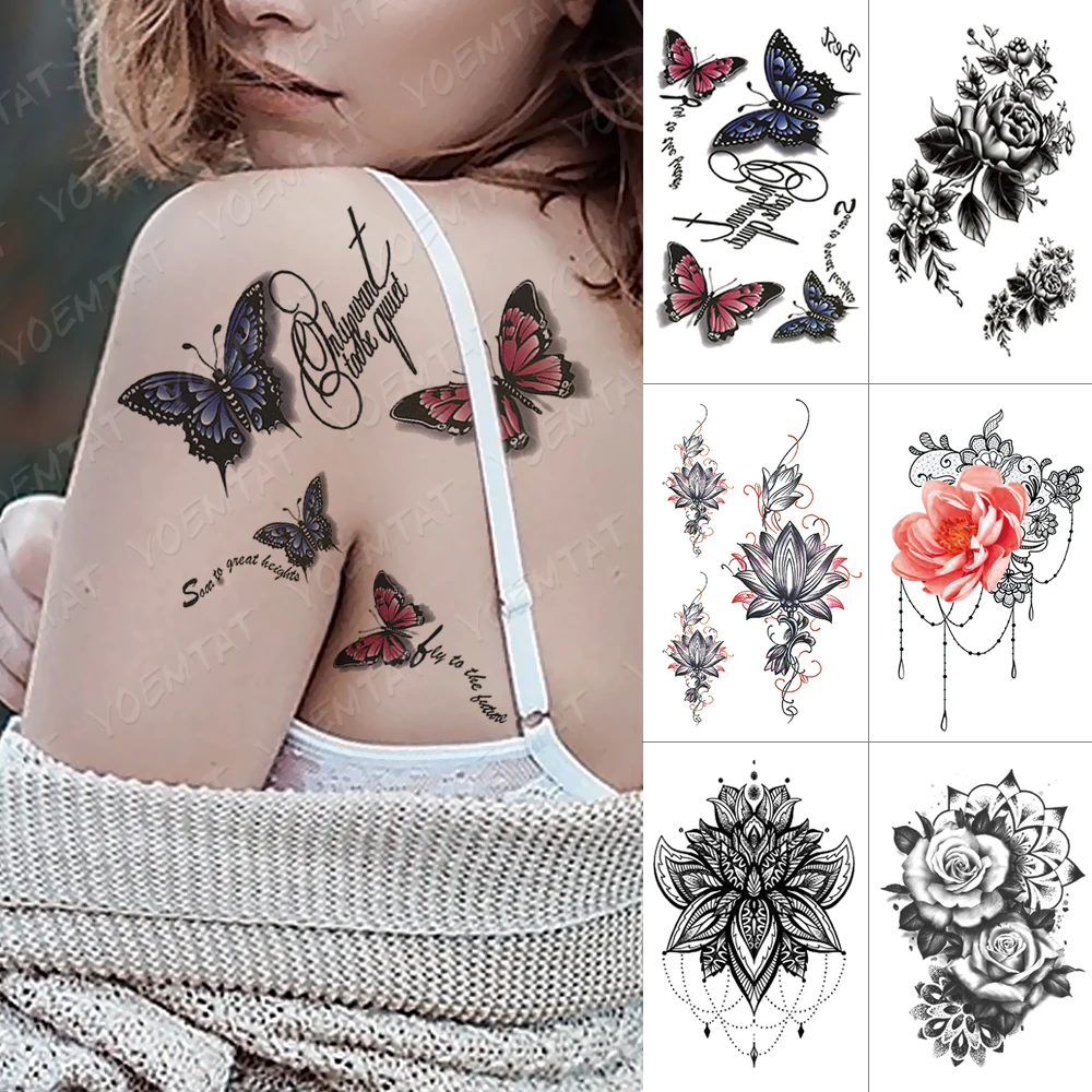 

Henna Waterproof Temporary Tatto Sticker Sexy Butterfly Rose Lotus Glitter Body Art Transfer Fake Tattoo Men Women 3D Tattoos