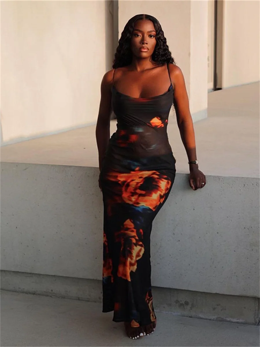 

wsevypo Fashion Printed Spaghetti Straps Long Dress Club Street Party Evening Vestidos Women Sleeveless Low Cut Wrap Dresses