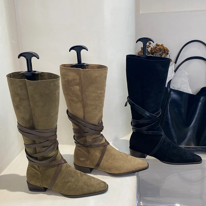 

Женские Современные Сапоги из флока, уличные Женские повседневные сапоги с острым носком на каблуке, сапоги до колена без застежек с перекр...