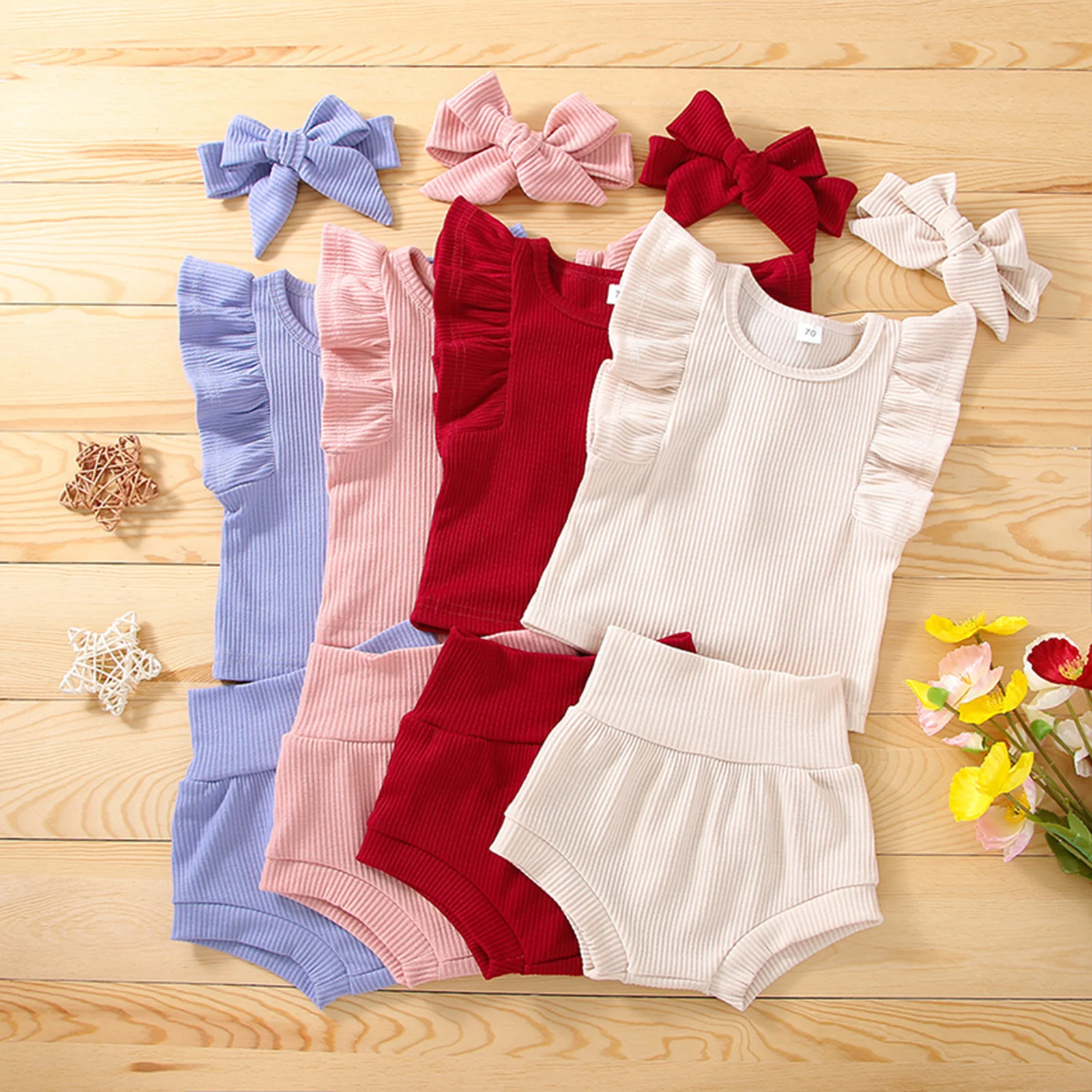 

3Pcs Baby Summer Ribbed Outfit Solid Color Flying Sleeve Tops + Shorts + Hairband Set for Baby Girl Clothes 0-24 Months