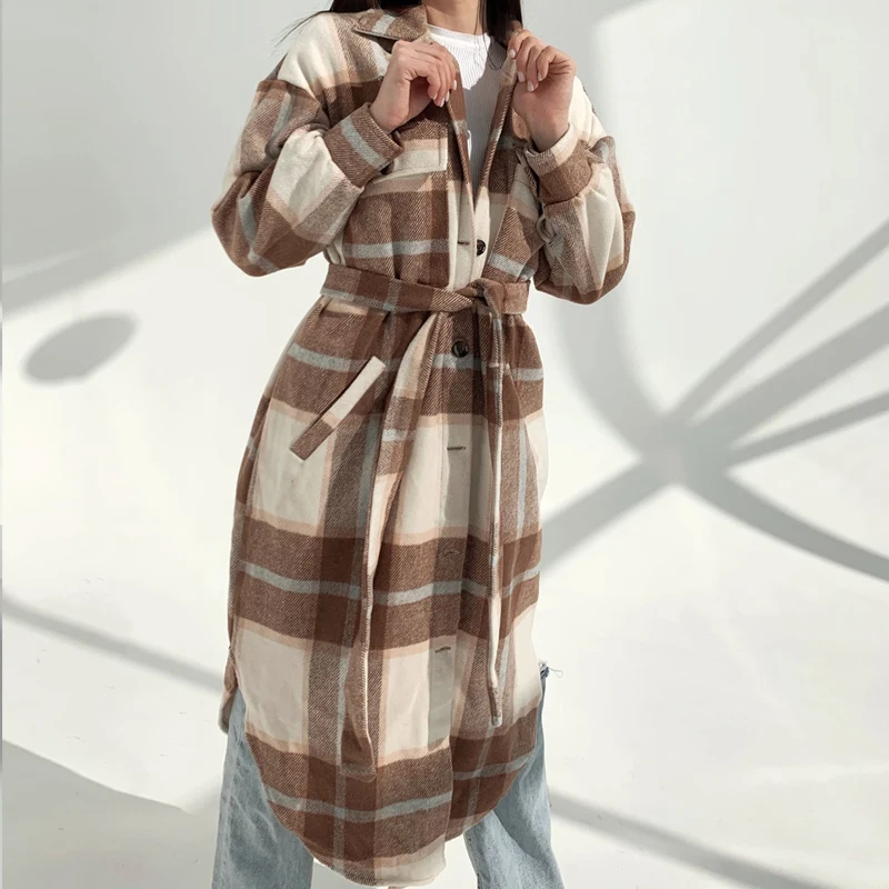 

New Long Sleeve Lace-Up Single-Breasted Overcoat Vintage Turn-Down Collar Plaid Wool Coats Women Elegant Warm Long Shirt Jackets