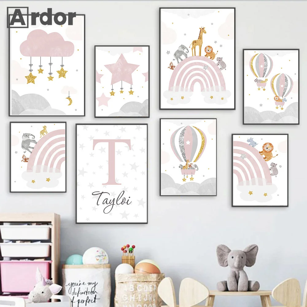

Custom Name Art Poster Balloon Rainbow Cloud Giraffe Canvas Painting Lion Elephant Print Nordic Wall Pictures Girl Bedroom Decor