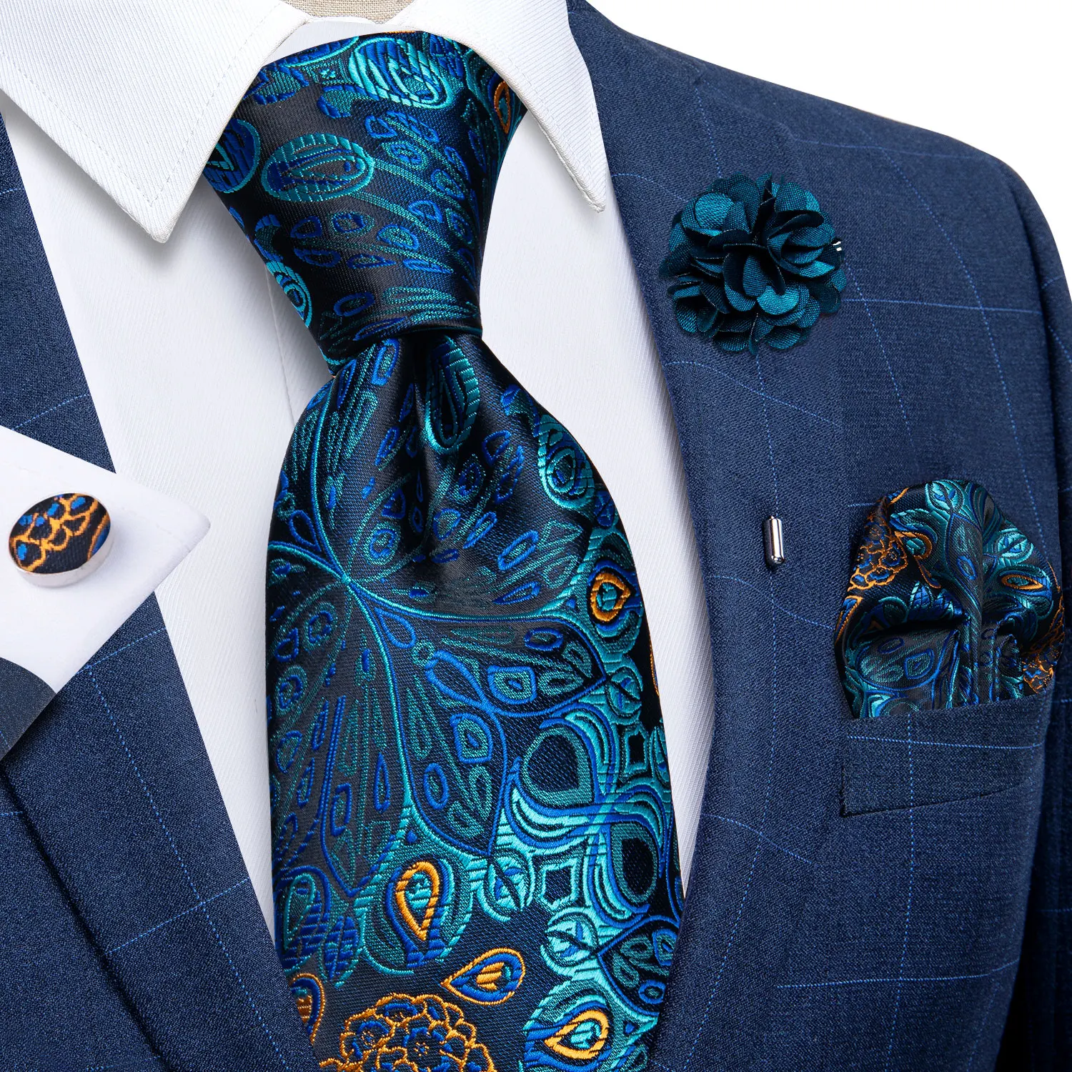 Blue Paisley Floral Silk Men's Neck Tie Set Business Wedding Formal Ties For Men With Brooch Pin Pocket Square Cufflinks Gift