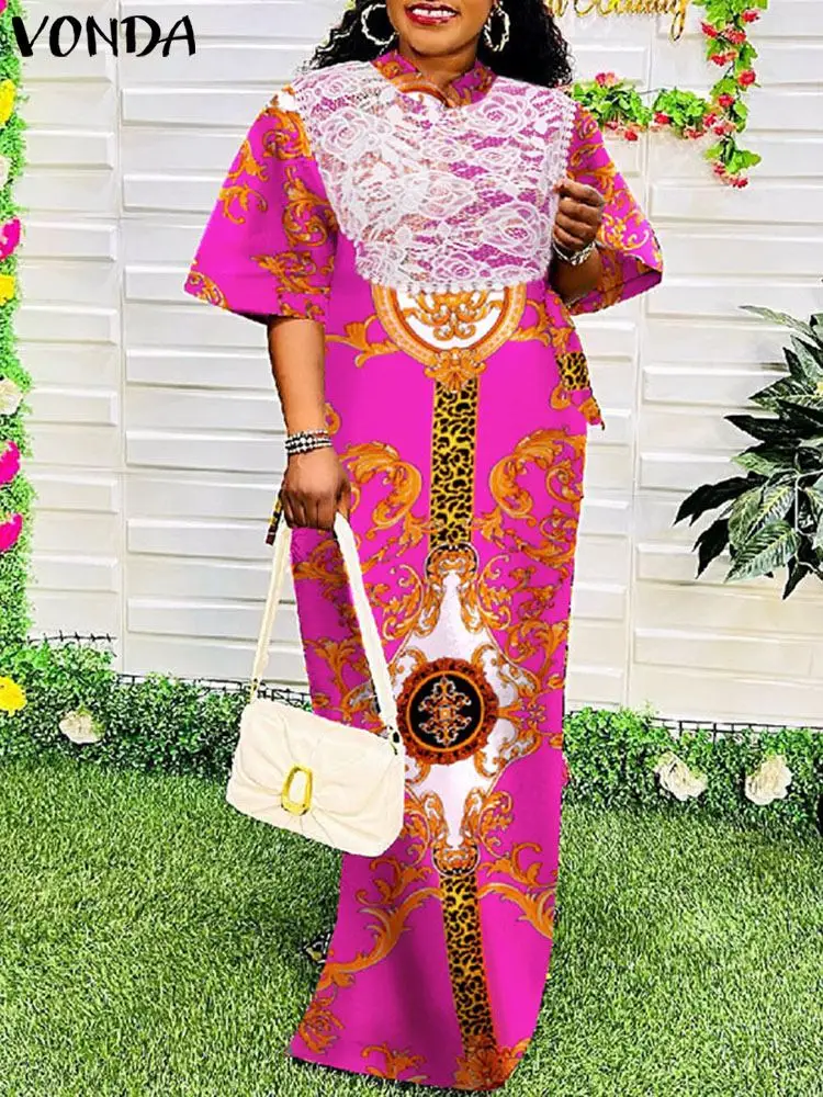 

Женское летнее платье 2023 VONDA с принтом, кружевное лоскутное элегантное женское платье с расклешенным рукавом, повседневное свободное платье