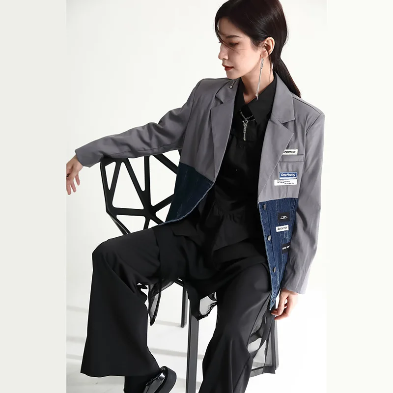 2022 Fall Designer Models Stitching Denim Suit Jacket Female Collision Color Loose Thin Small Suit