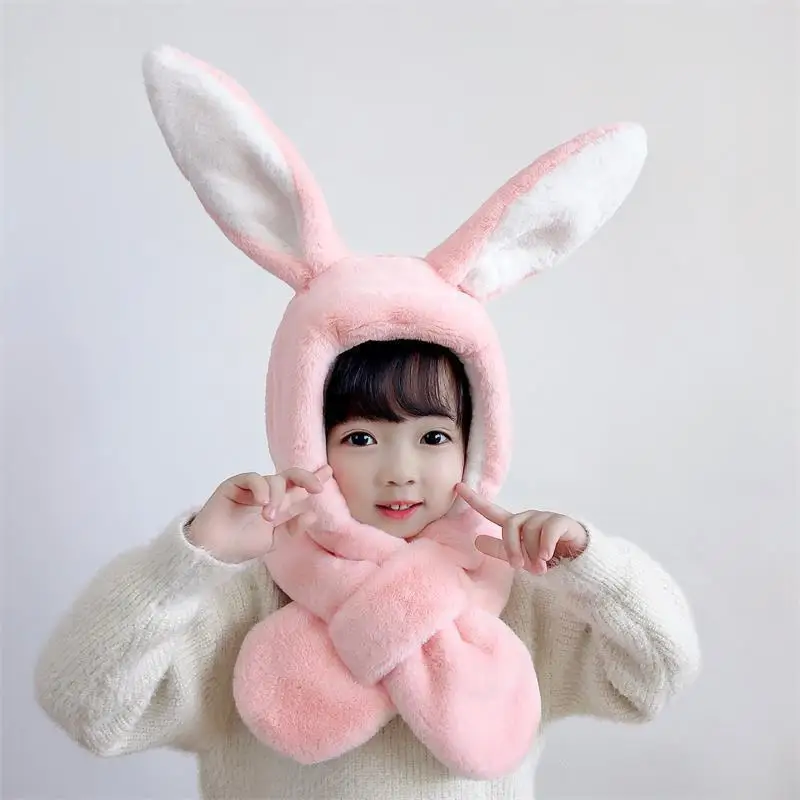

Children Plush Hat Scarf All In One Winter Thick Warm Windproof Neck Gaiter Beanie Bunny Ears Snood Bonnet for 3-10 Years Girl